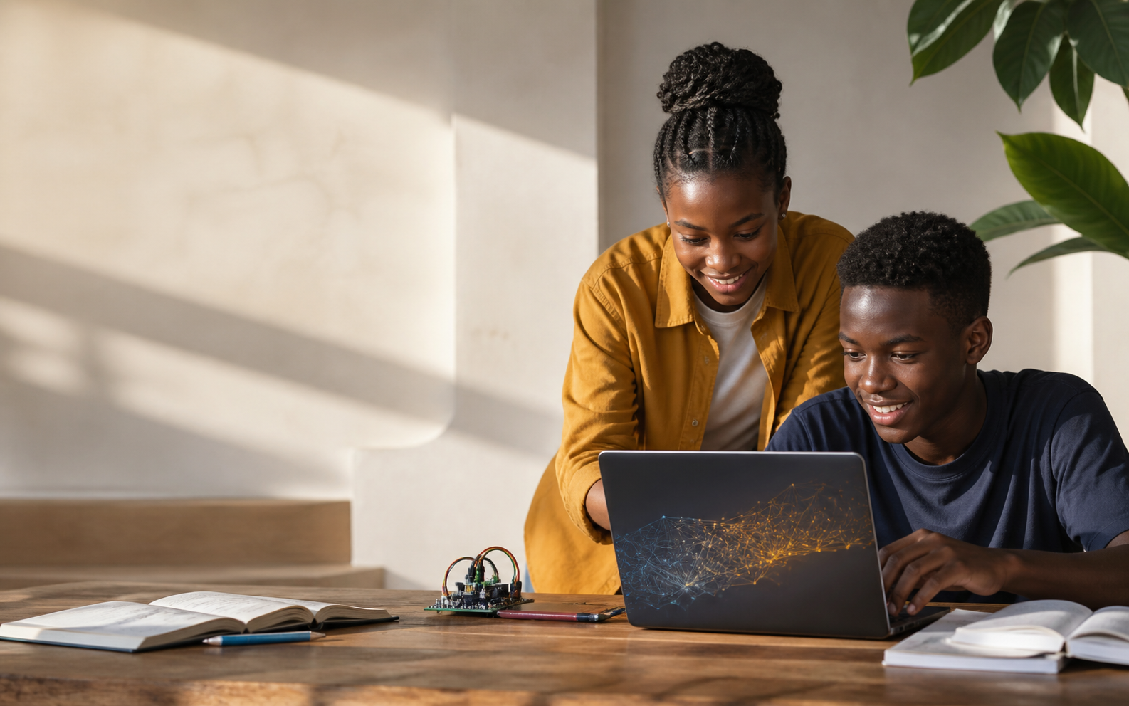 A girl and boy collaborating in the original Afri-AI learning studio photograph