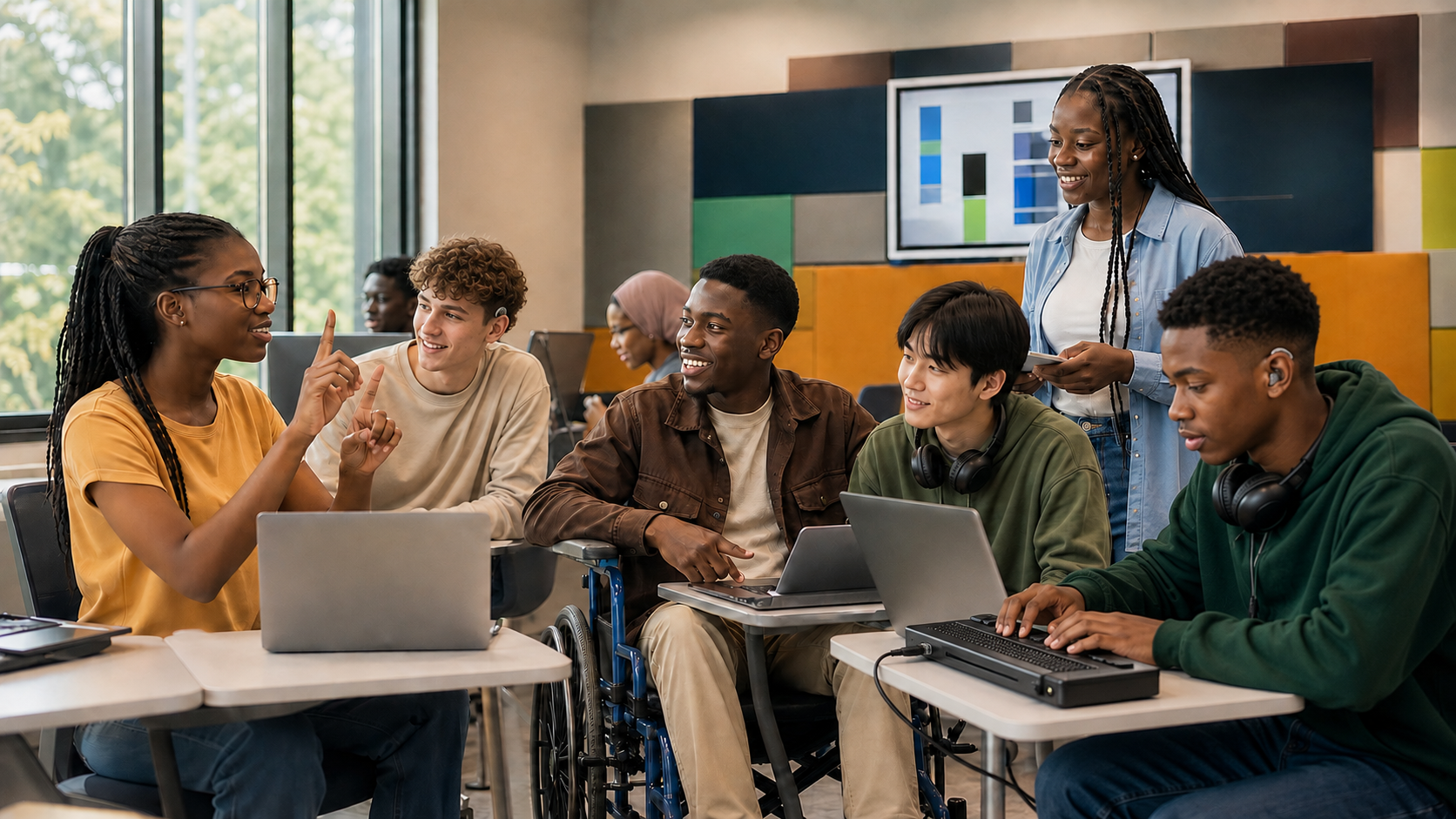 Diverse African students collaborating in an accessible AI classroom with a Braille display, hearing aid and wheelchair